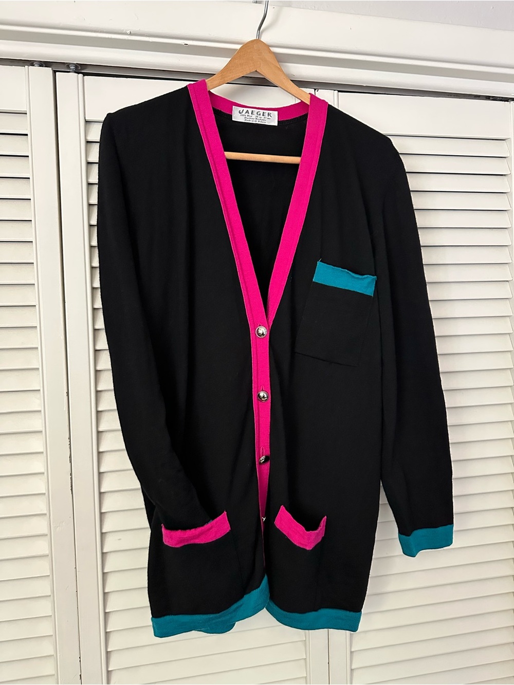 80’s 90’s Vintage JAEGER 100% Wool Black Cardigan with Pink & Teal Trim